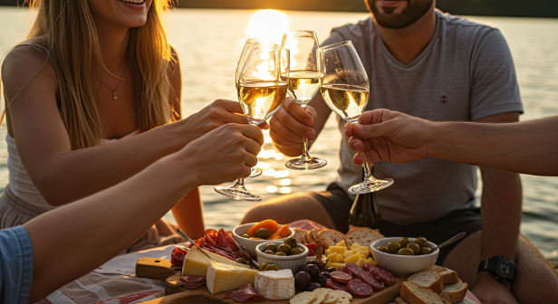 Menschen stoßen mit Weißwein an einem See an – Verbindungen schaffen