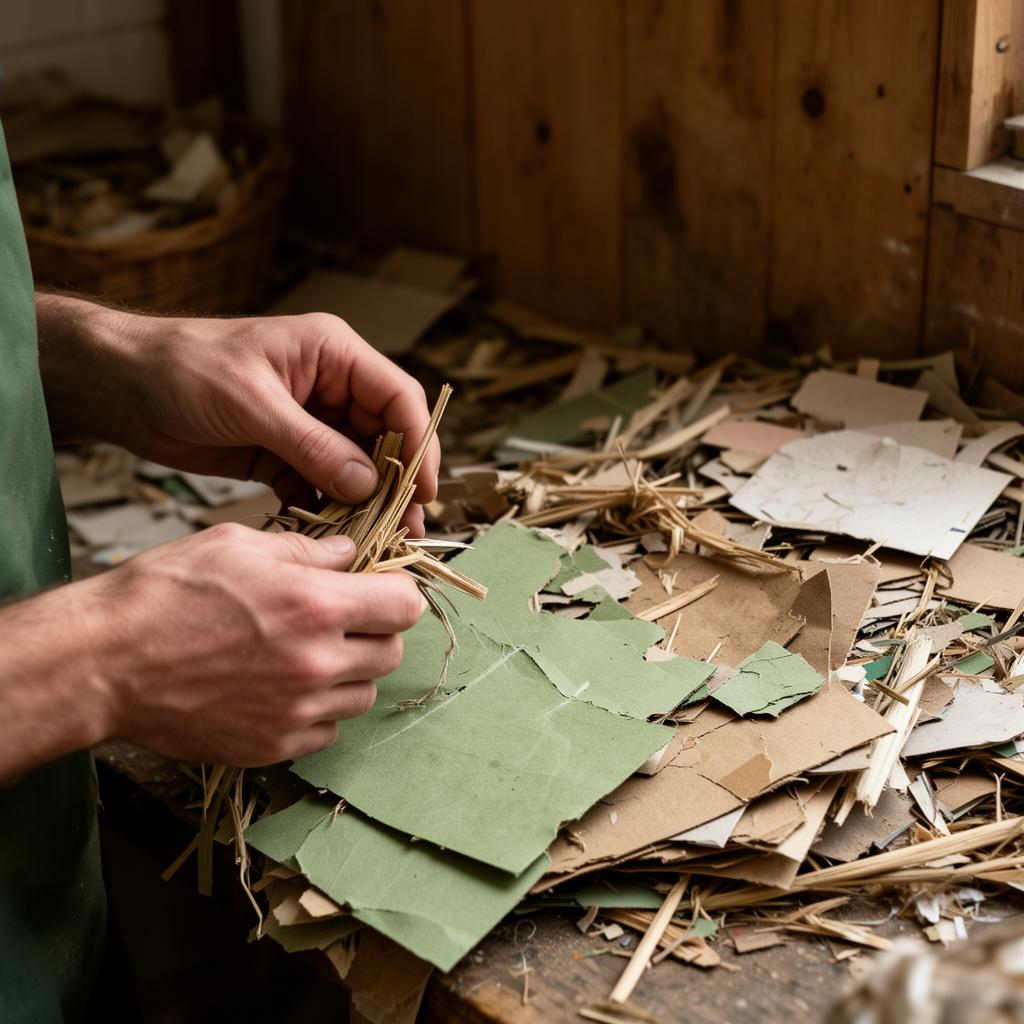 Hände sortieren Papier und natürliche Materialien