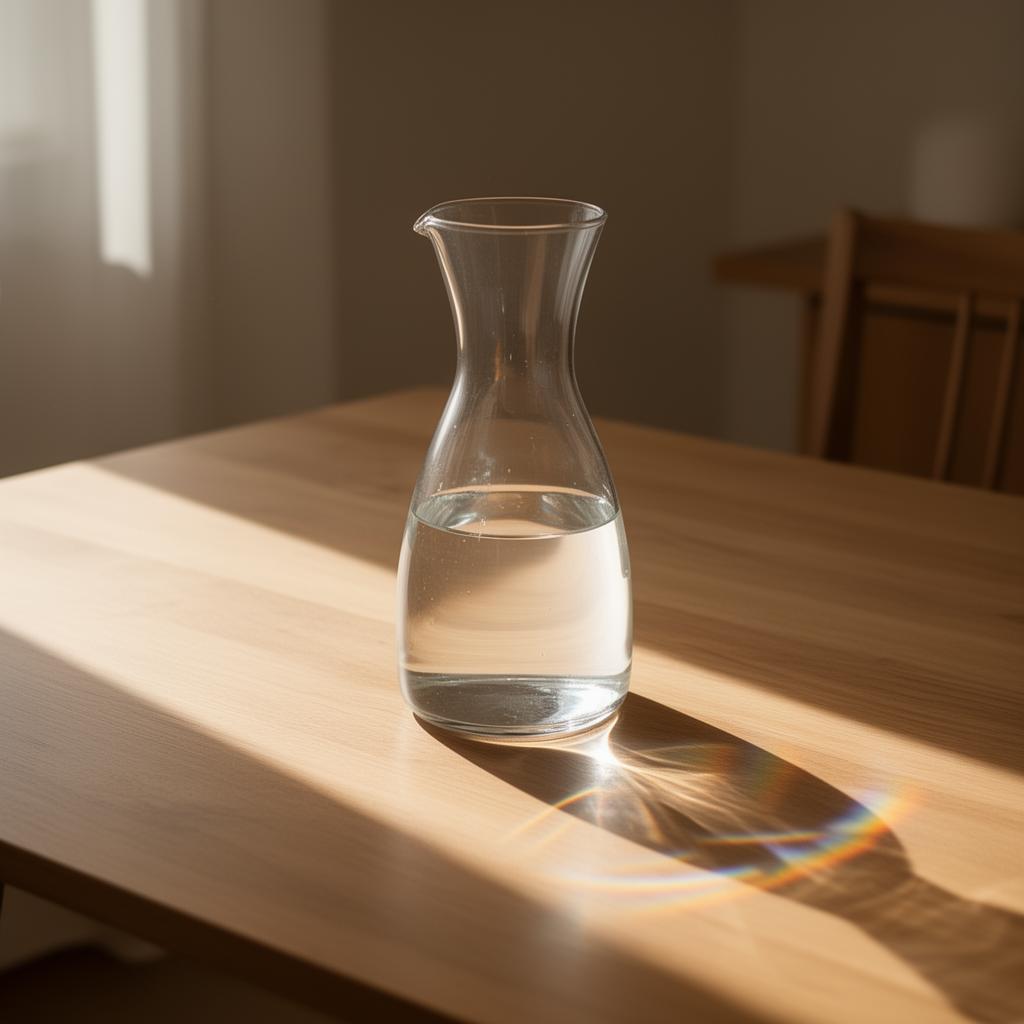 Glaskaraffe mit Wasser im Sonnenlicht
